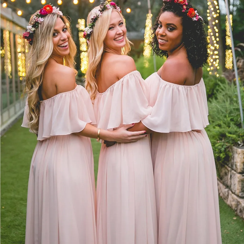 A-line Off-Shoulder Long Bridesmaid Dress Chiffon Cheap Bridesmaid Dress BRD012