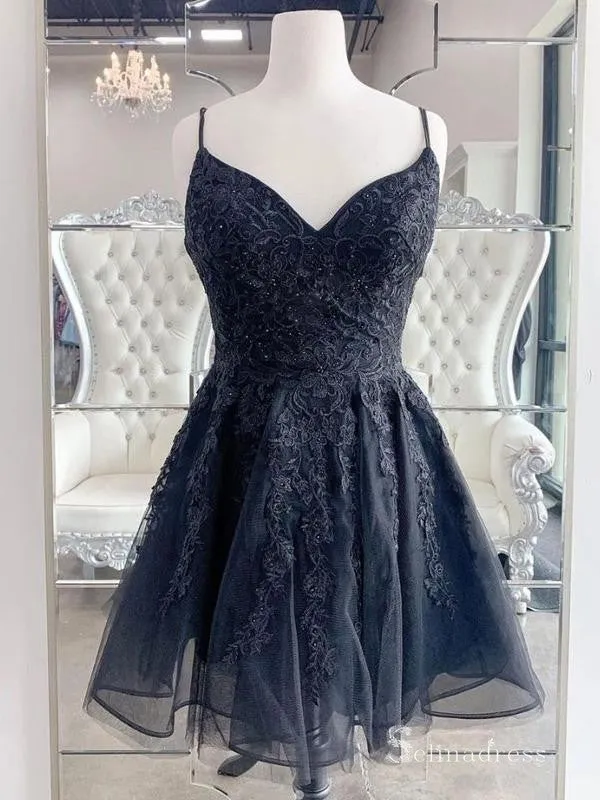 A-line Spaghetti Straps Black Lace Short Prom Dress Homecoming Dresses #MHL2894