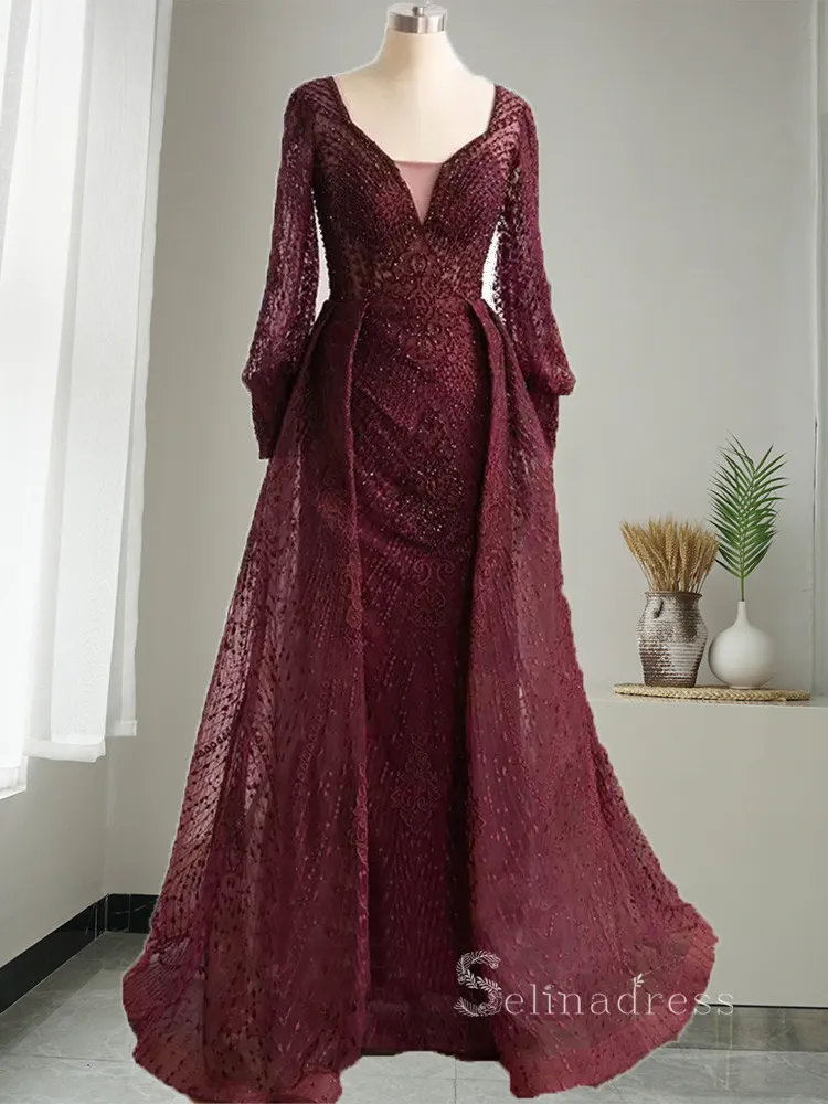 A-line Straps Long Sleeve Elegant Long Prom Dress luxurious Dubai Evening Gowns ASB007