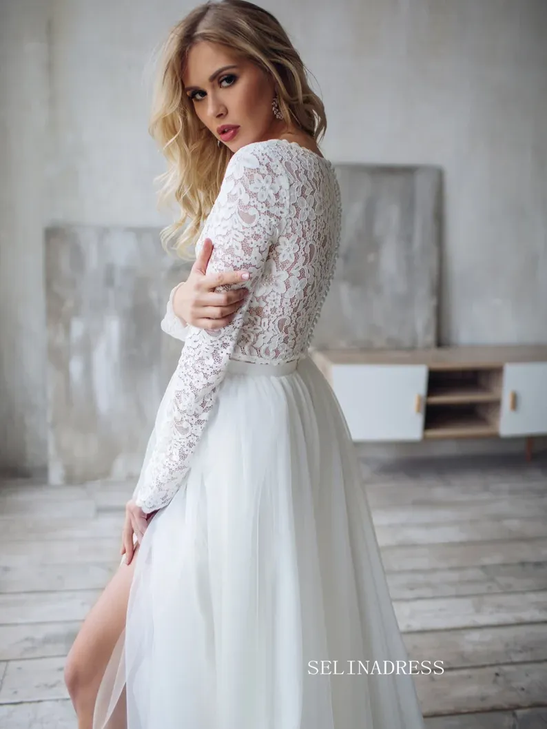 A-line Two Pieces White Wedding Dress Lace Long Sleeve Rustic Country Wedding Dresses KTC006