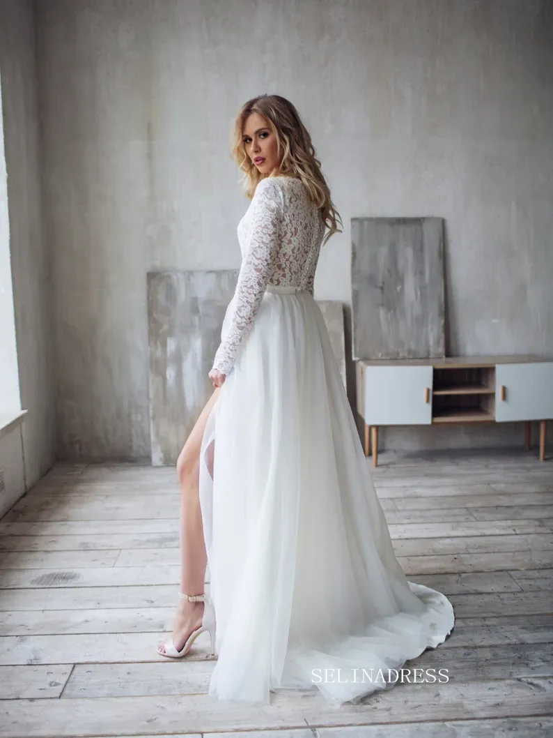 A-line Two Pieces White Wedding Dress Lace Long Sleeve Rustic Country Wedding Dresses KTC006