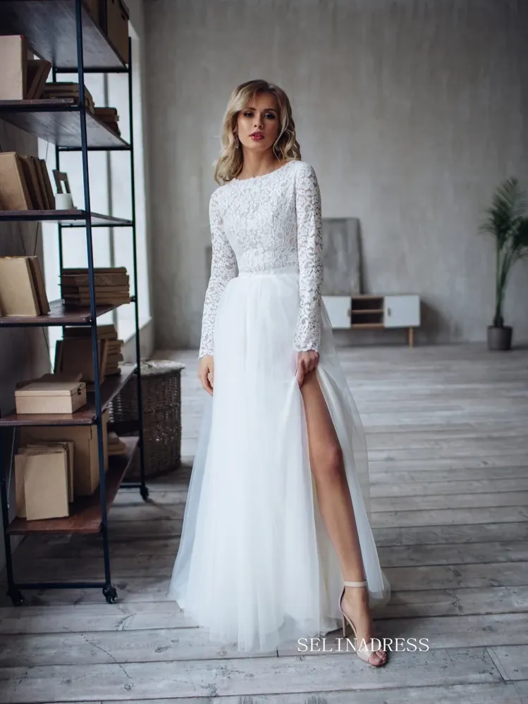 A-line Two Pieces White Wedding Dress Lace Long Sleeve Rustic Country Wedding Dresses KTC006