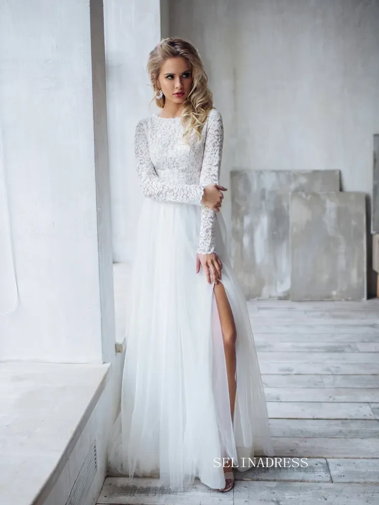 A-line Two Pieces White Wedding Dress Lace Long Sleeve Rustic Country Wedding Dresses KTC006