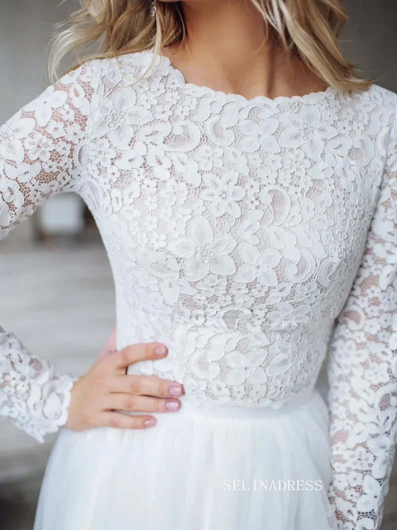 A-line Two Pieces White Wedding Dress Lace Long Sleeve Rustic Country Wedding Dresses KTC006