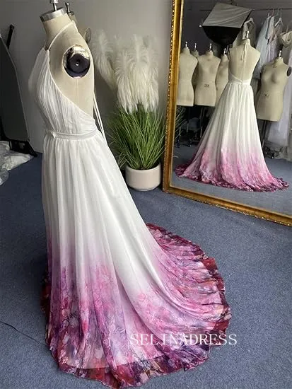 A-line V neck Beautiful Flower Long Prrom Dresses Gorgeous Evening Dresses JKW204