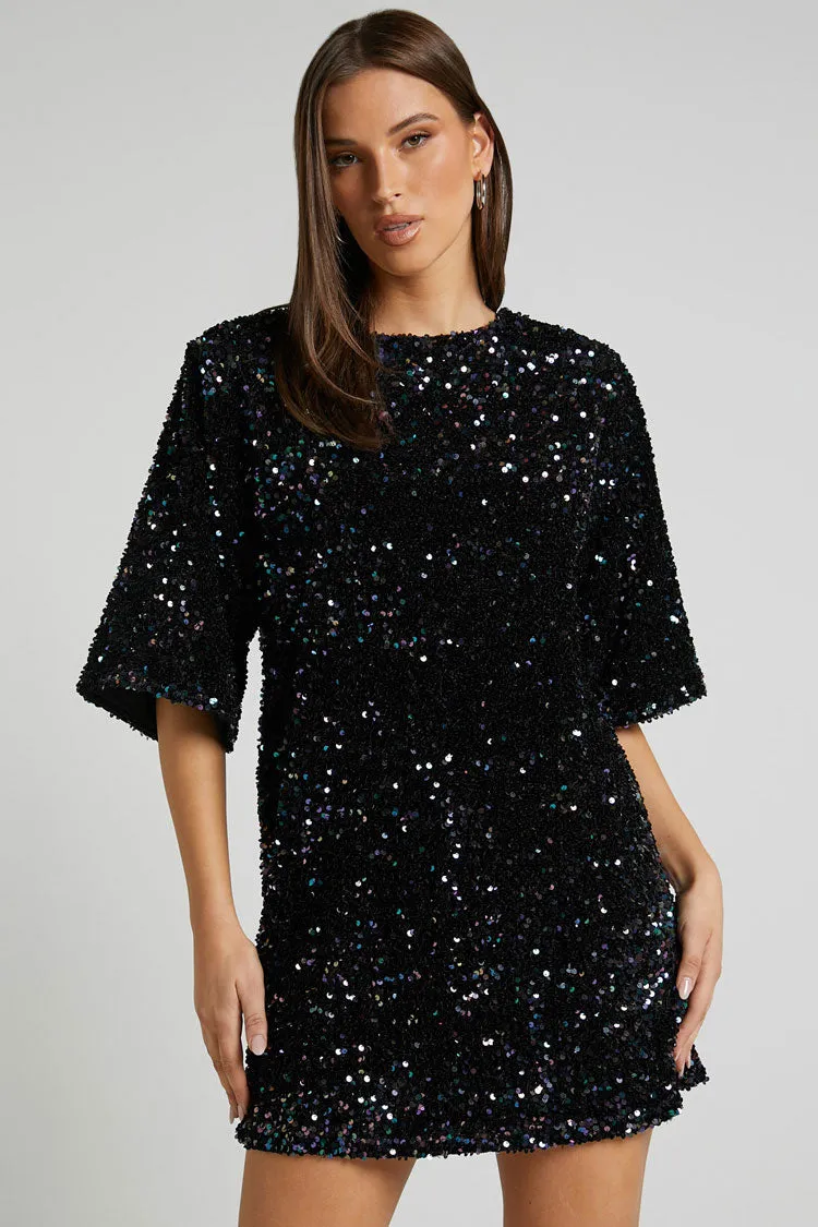 Amozae-hoco dresses -Sparkly Sequin Crew Neck Short Sleeve Oversized Velvet Party Mini Dress - Black