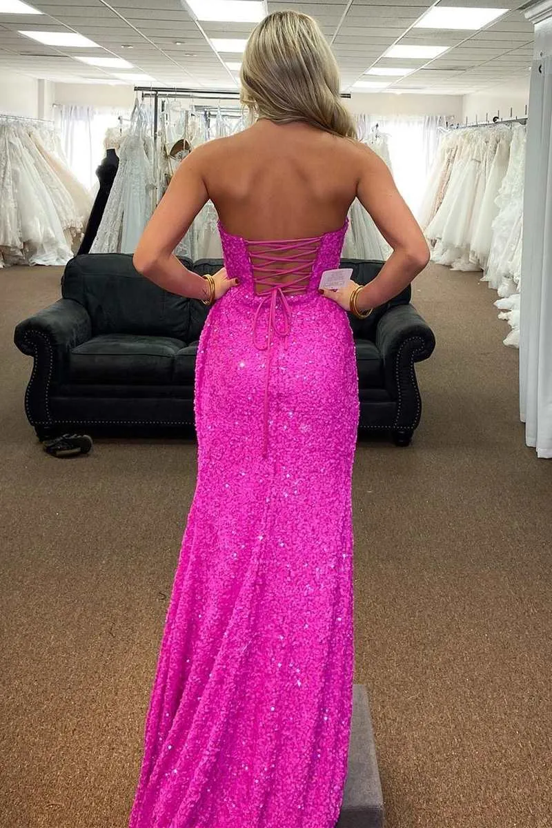 Barbie Powder Strapless Sequins Prom Dress Cheap Evening Dresses With Slit #QWE017