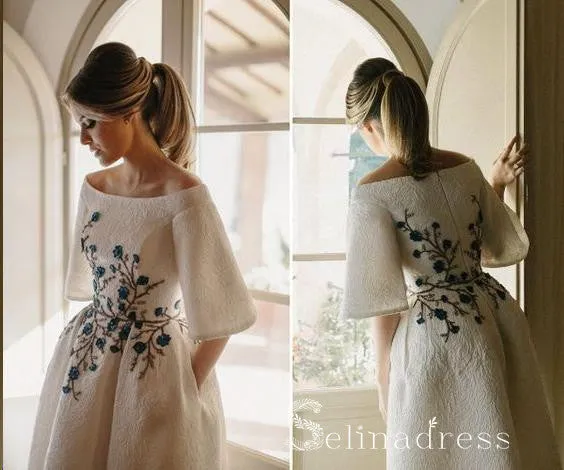 Beautiful Wedding Dresses Half Sleeve Bateau Embroidery Romantic Bridal Gown SEW013