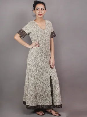 Beige Brown Hand Block Printed Long Cotton Dress With Front Slit - D0423803