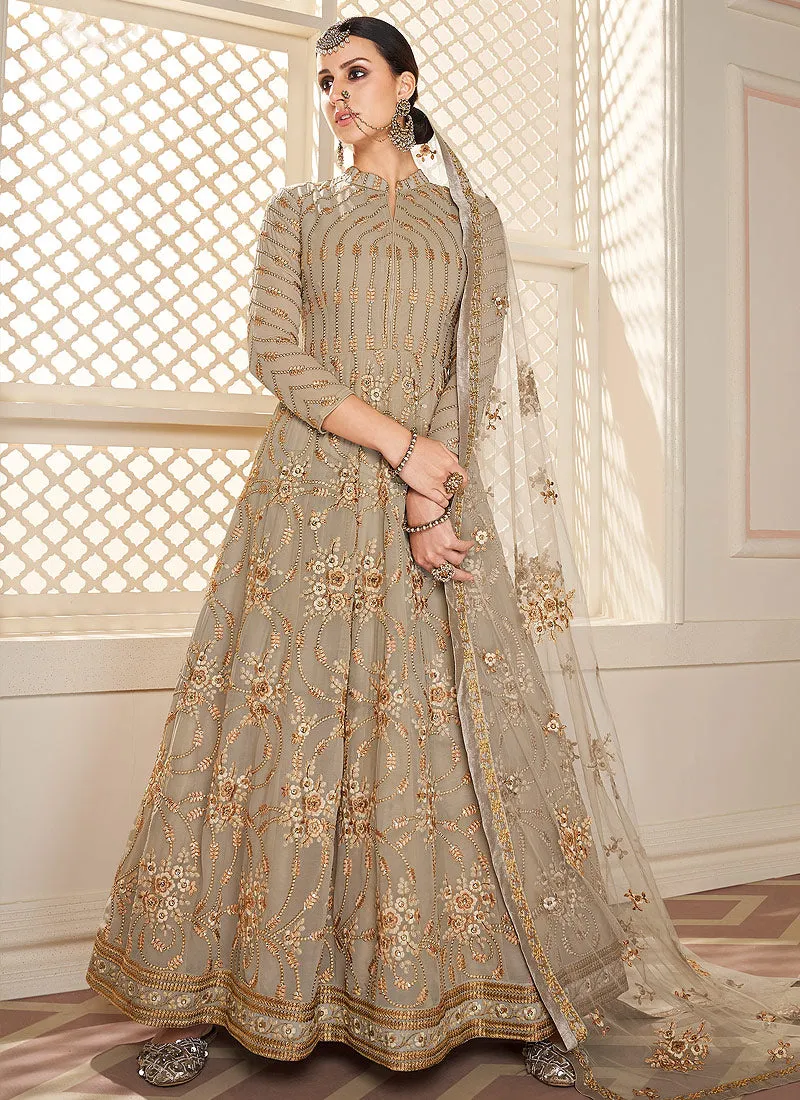 Beige Golden Lucknowi Embroidered Anarkali Suit