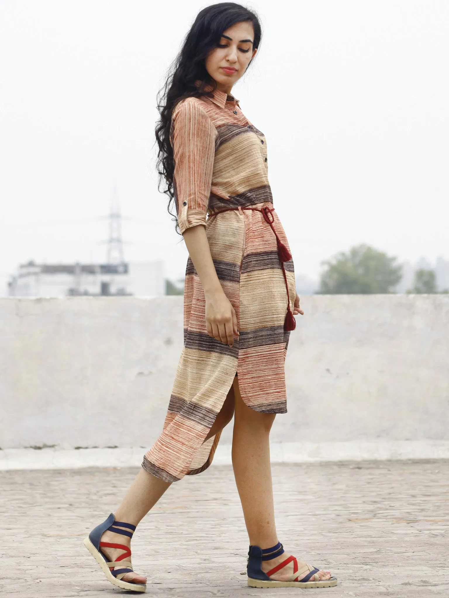 Beige Red Black Hand Brushed Painted Cotton Shirt Dress With Tie-Up Waist And Side Pockets -  D85F781