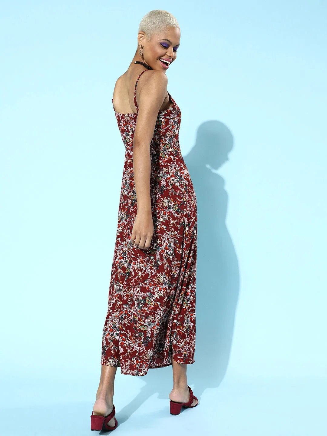 Berrylush Women Maroon & Off-White Floral Printed V-Neck Tie-Up Front Flared Maxi Dress