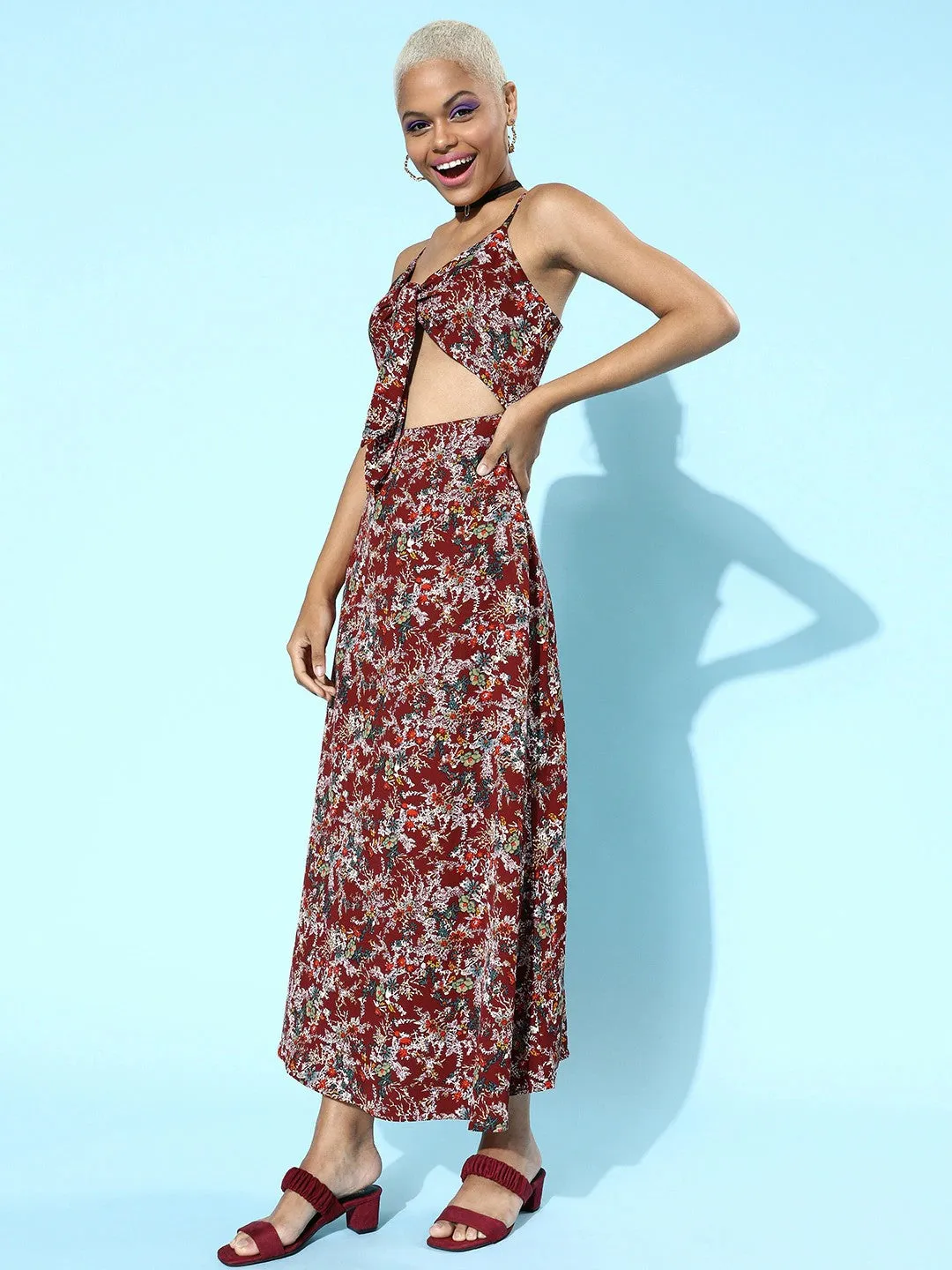 Berrylush Women Maroon & Off-White Floral Printed V-Neck Tie-Up Front Flared Maxi Dress