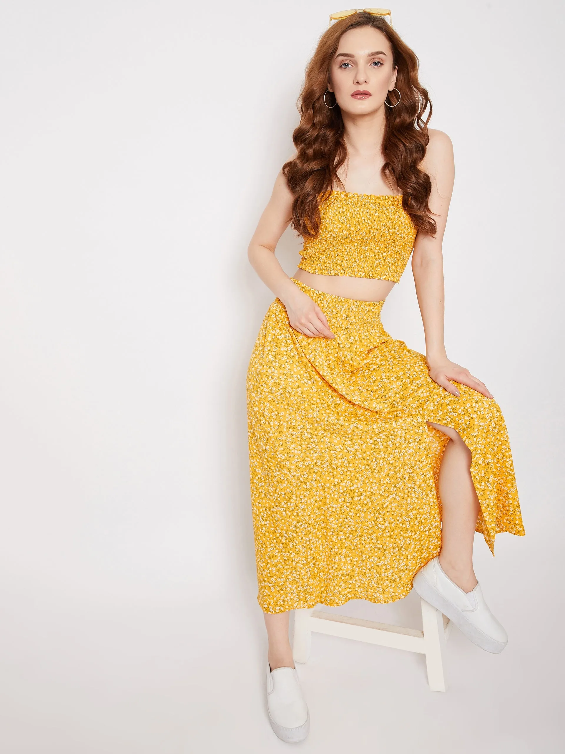 Berrylush Women Yellow Floral Printed Off-Shoulder Neck Shirred Co-Ordinate Maxi Dress