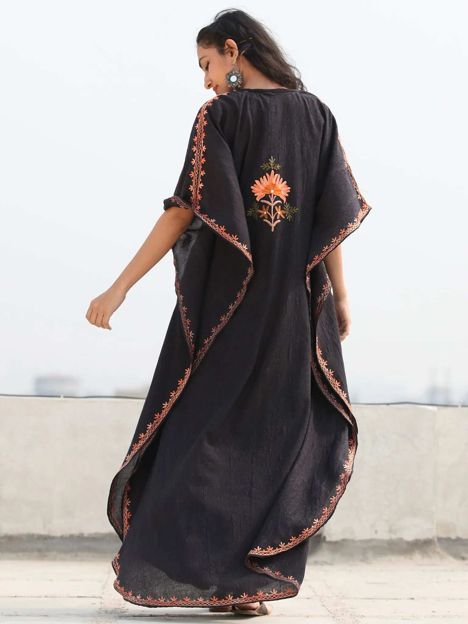 Black Aari Embroidered Kashmere Free Size Kaftan in Crushed Cotton - K11K068