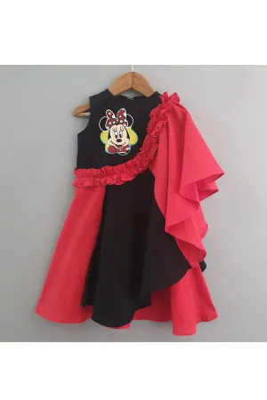 Black And Red Minnie Mouse Printed Dress With Attached Red Cape