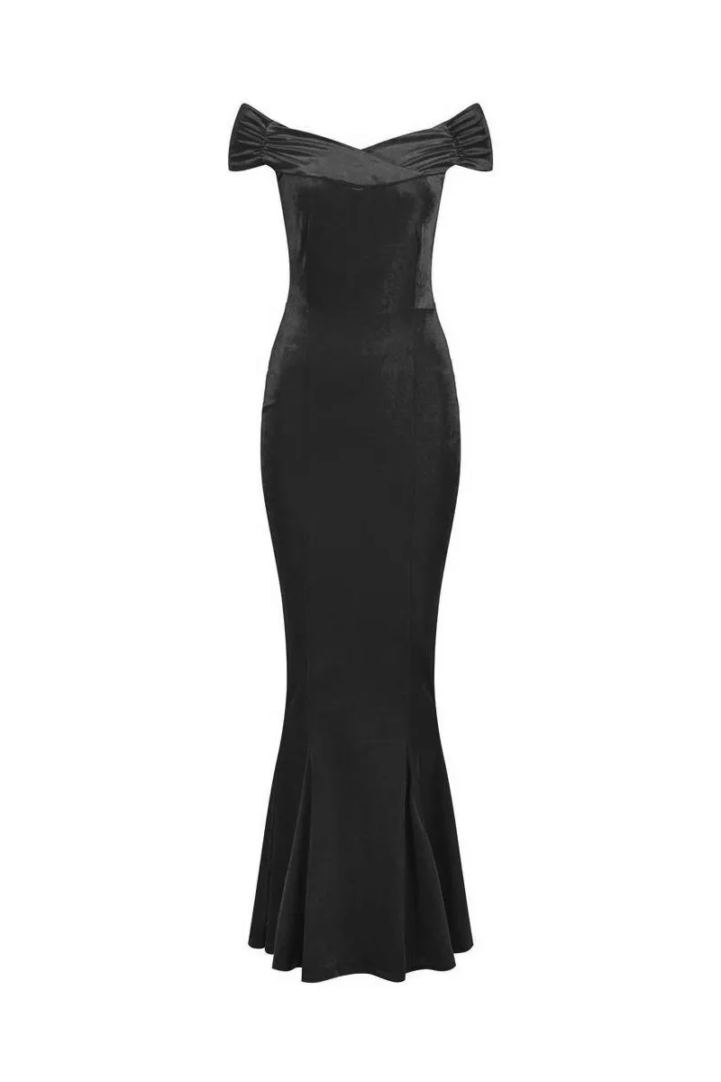 Black Cap Sleeve Crossover Bust Fishtail Hem Velour Maxi Dress