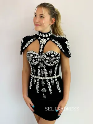 Black High Neck Rhinestone Short Homecoming Dresses Hoco Dress Cocktail Dress #TKL1910