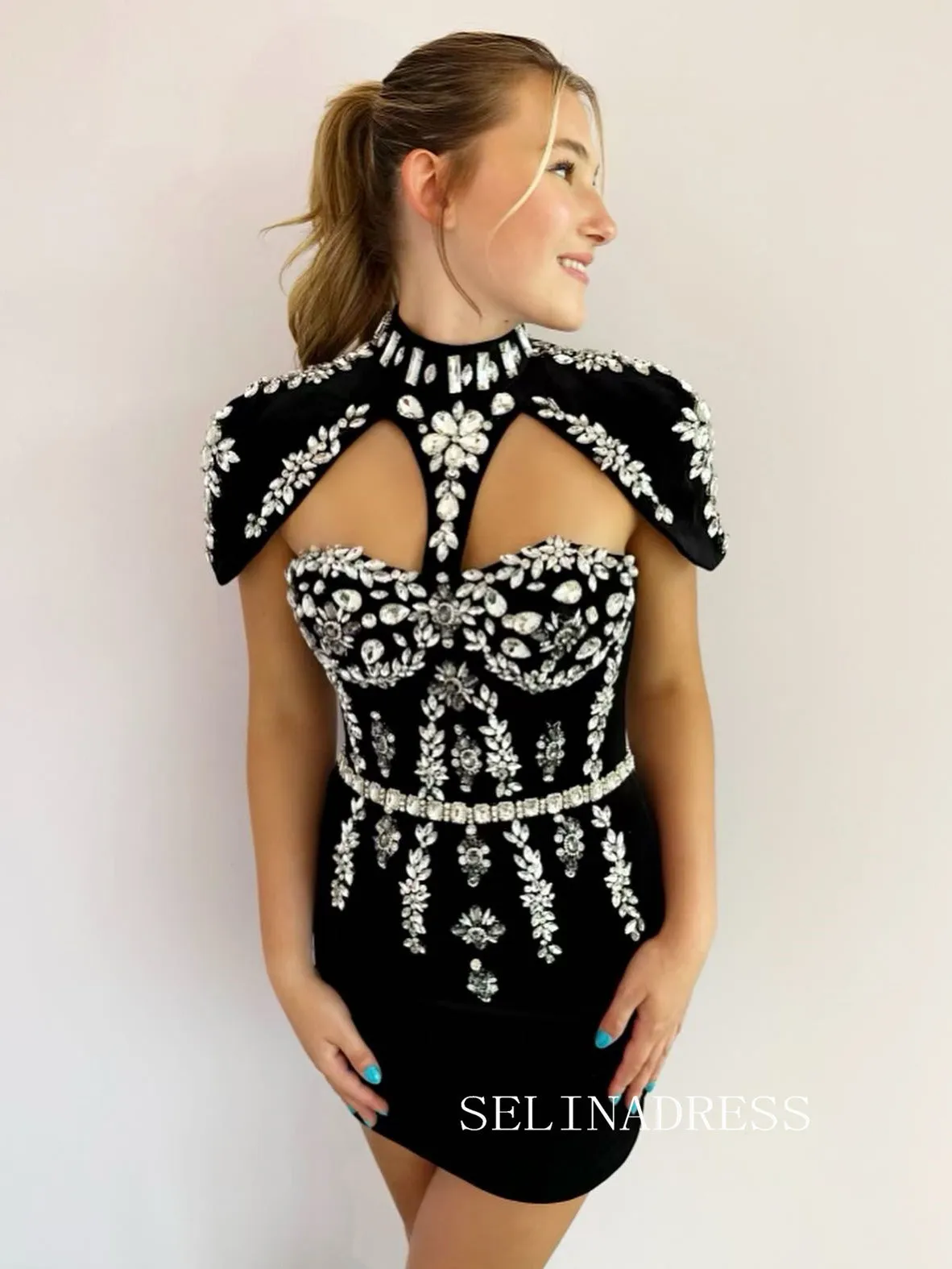 Black High Neck Rhinestone Short Homecoming Dresses Hoco Dress Cocktail Dress #TKL1910