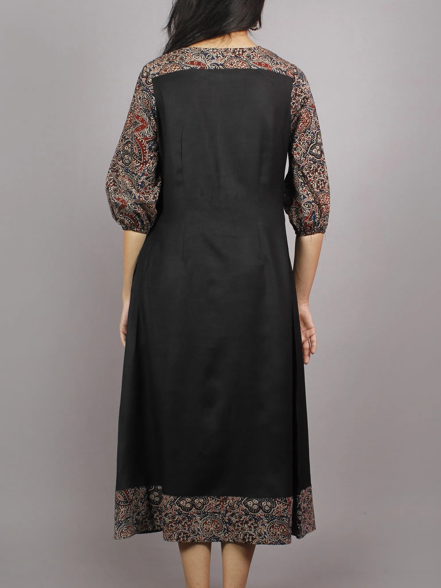 Black Indigo Maroon Ajrakh Printed Cotton & Rayon Dress With Front Pleetes - D4847801