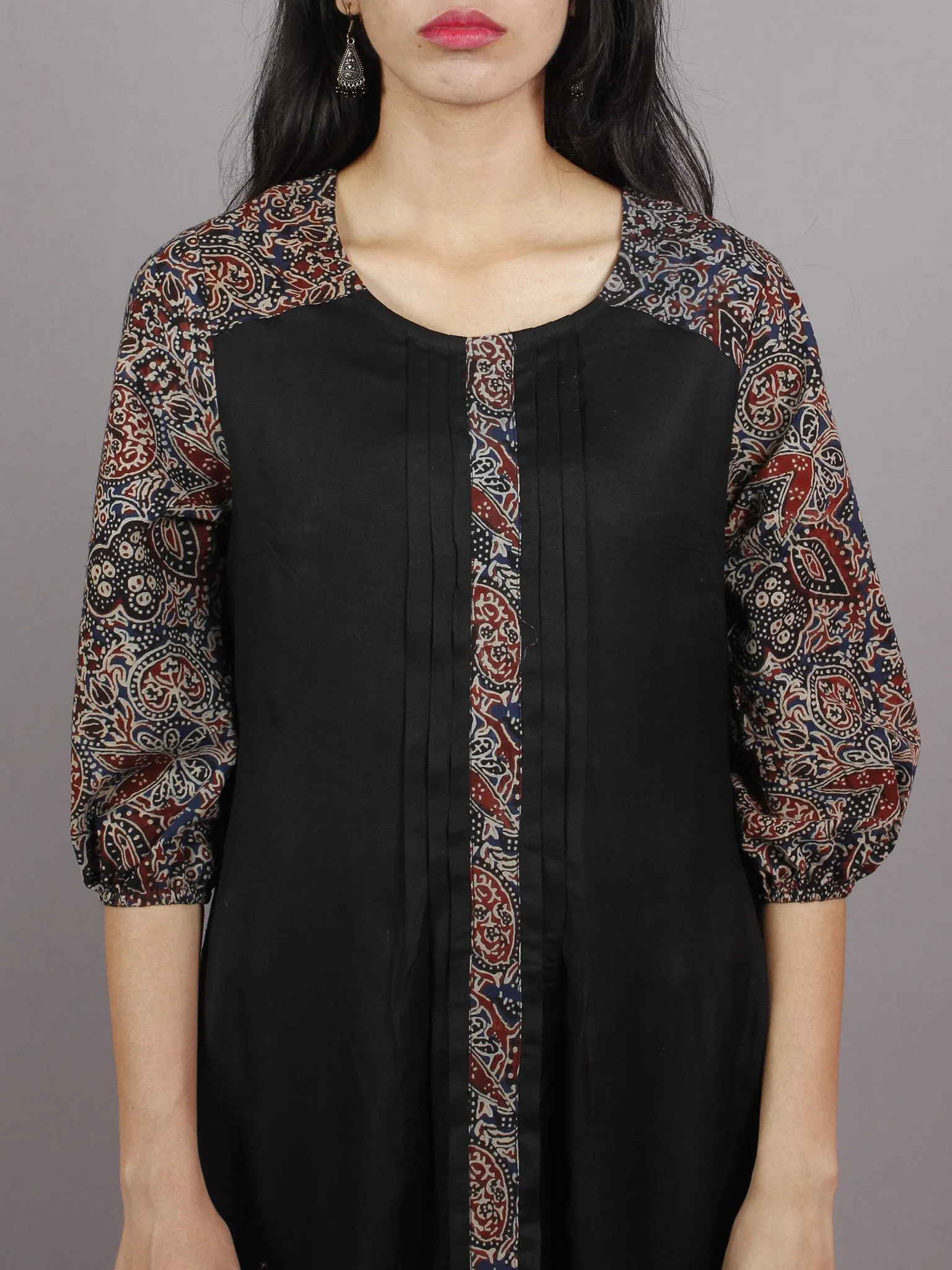 Black Indigo Maroon Ajrakh Printed Cotton & Rayon Dress With Front Pleetes - D4847801