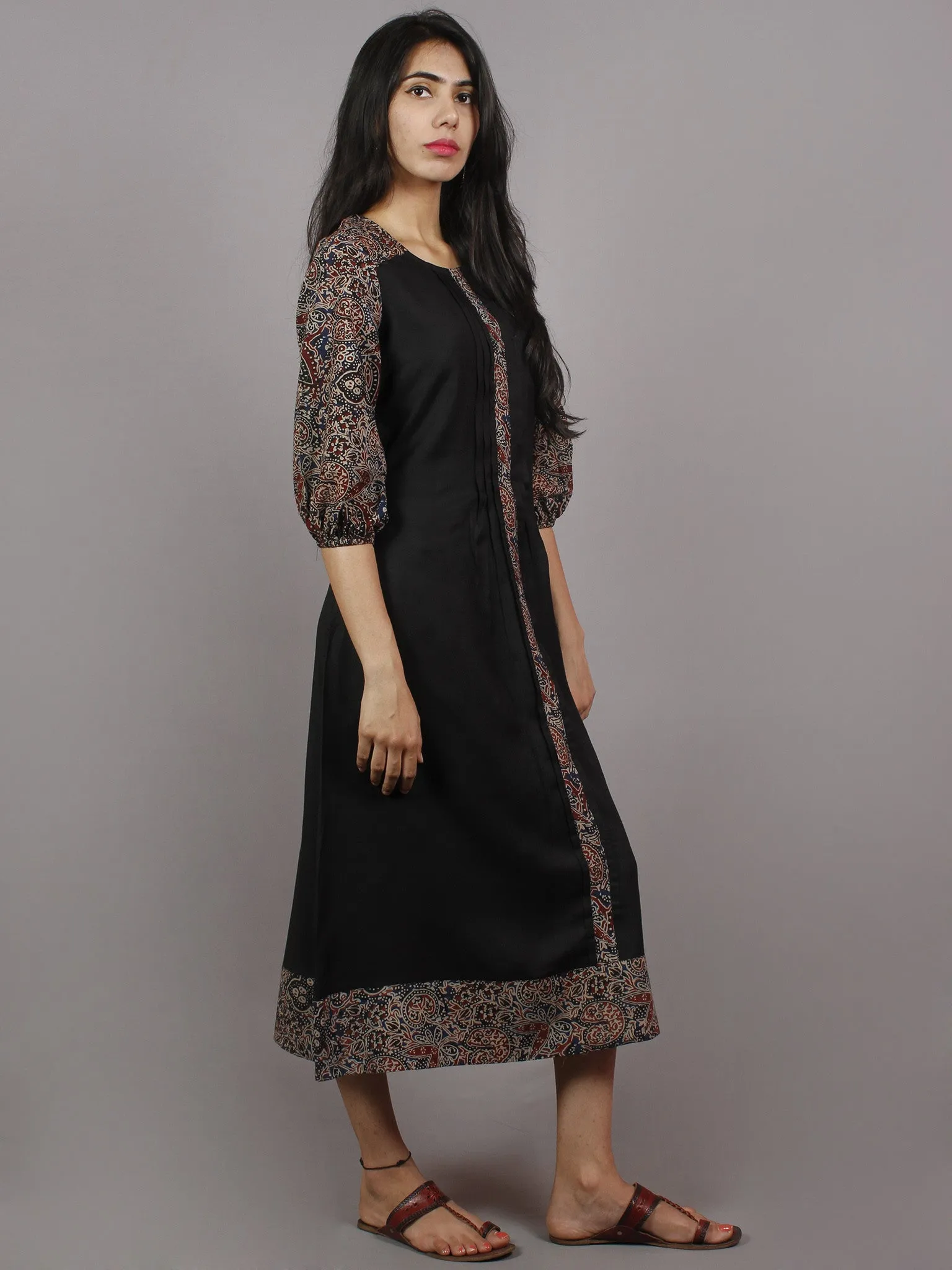 Black Indigo Maroon Ajrakh Printed Cotton & Rayon Dress With Front Pleetes - D4847801