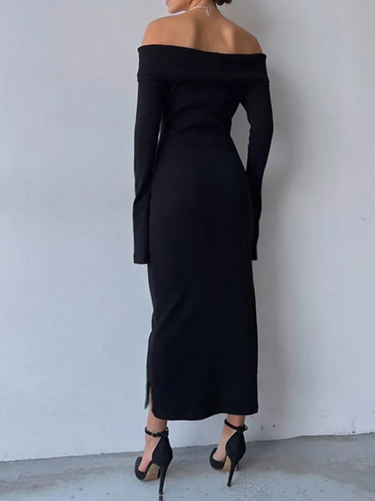 Black Knitted Off-Shoulder Long Dress