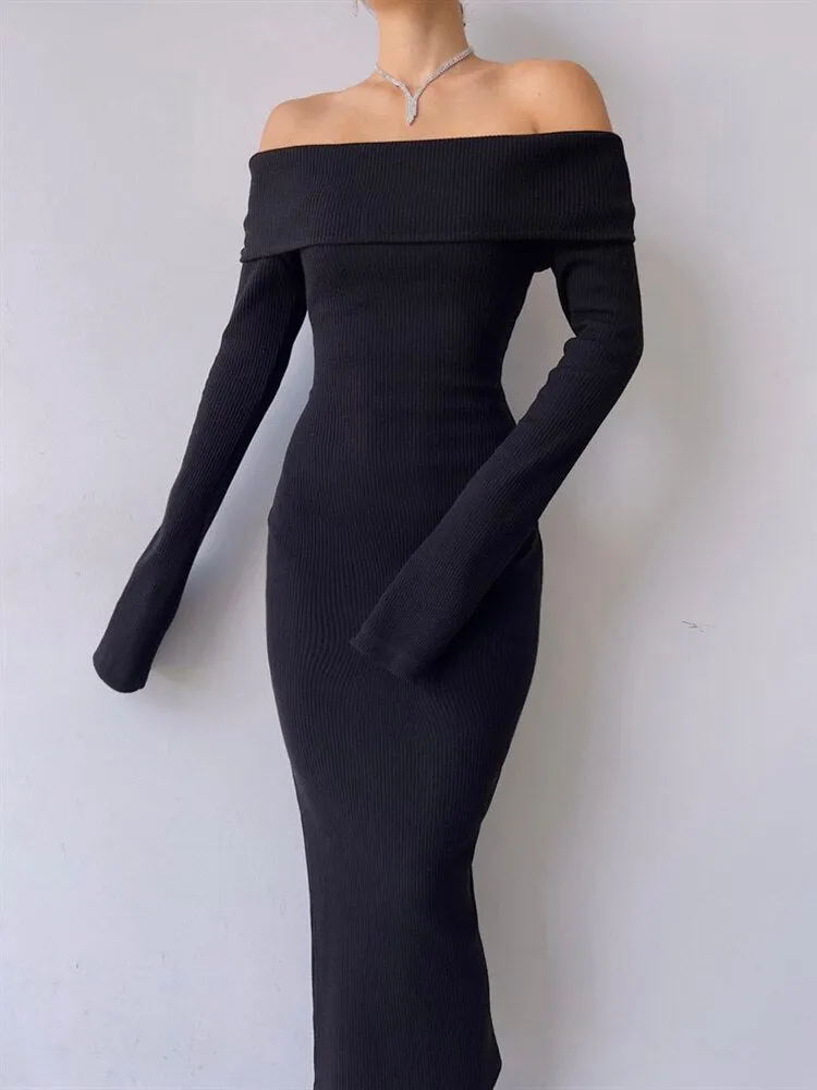 Black Knitted Off-Shoulder Long Dress