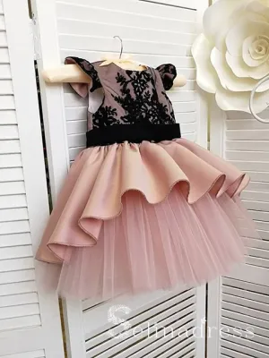 Black Lace Lovely Pretty Pink Wedding Little Girl Flower Girl Dresses GRS012