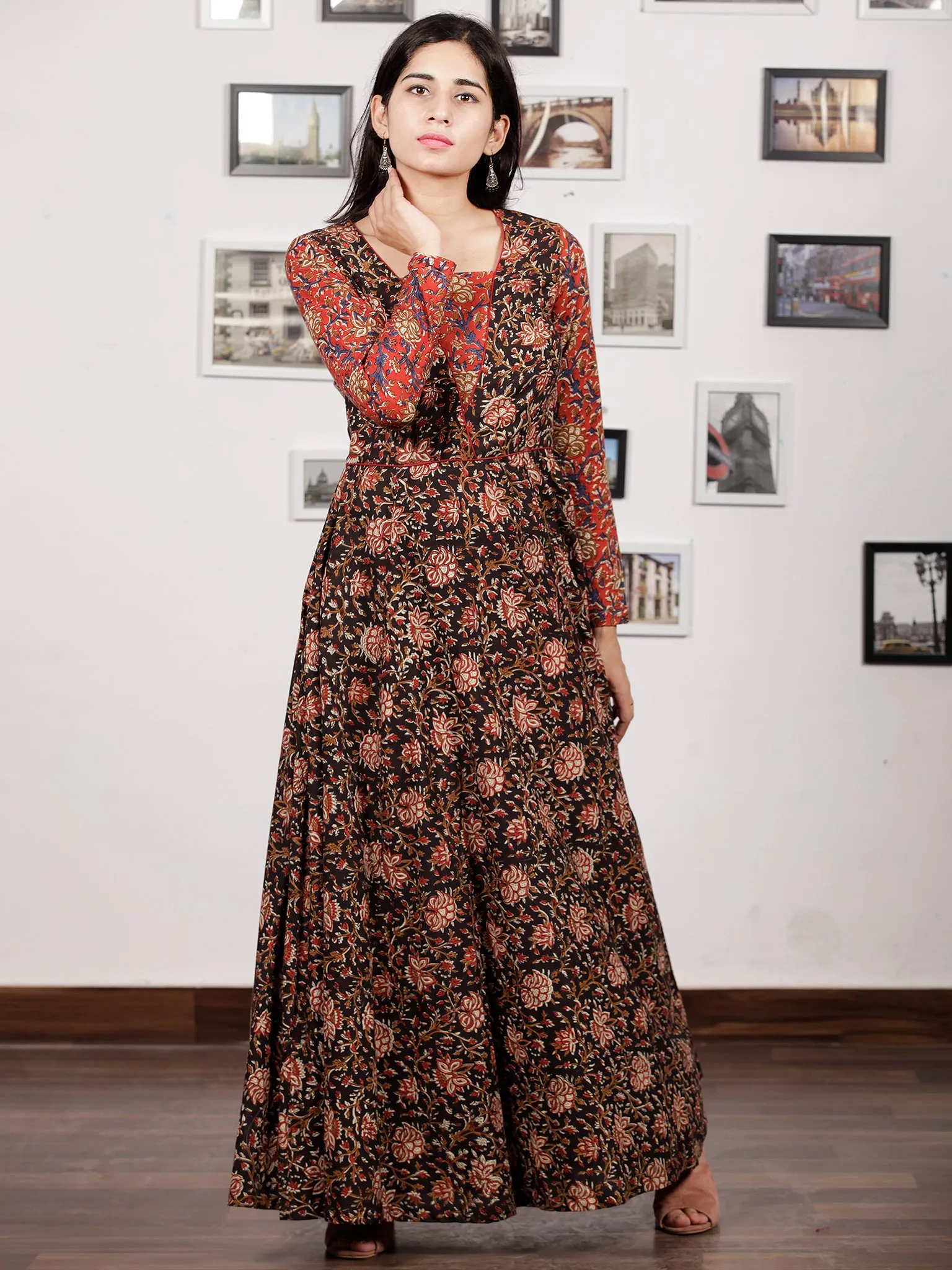 Black Maroon Brown Red Hand Block Printed Long Cotton Dress With Kali Style - D190F1223