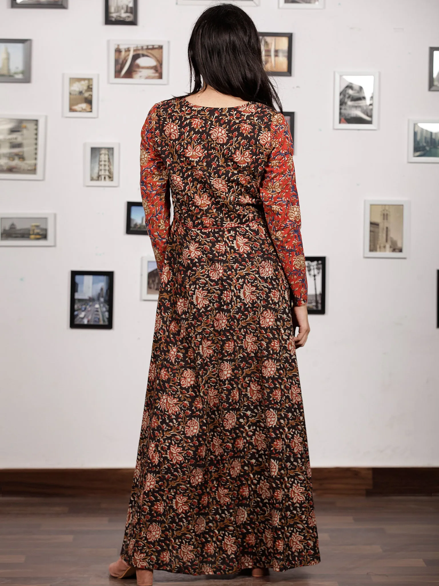 Black Maroon Brown Red Hand Block Printed Long Cotton Dress With Kali Style - D190F1223