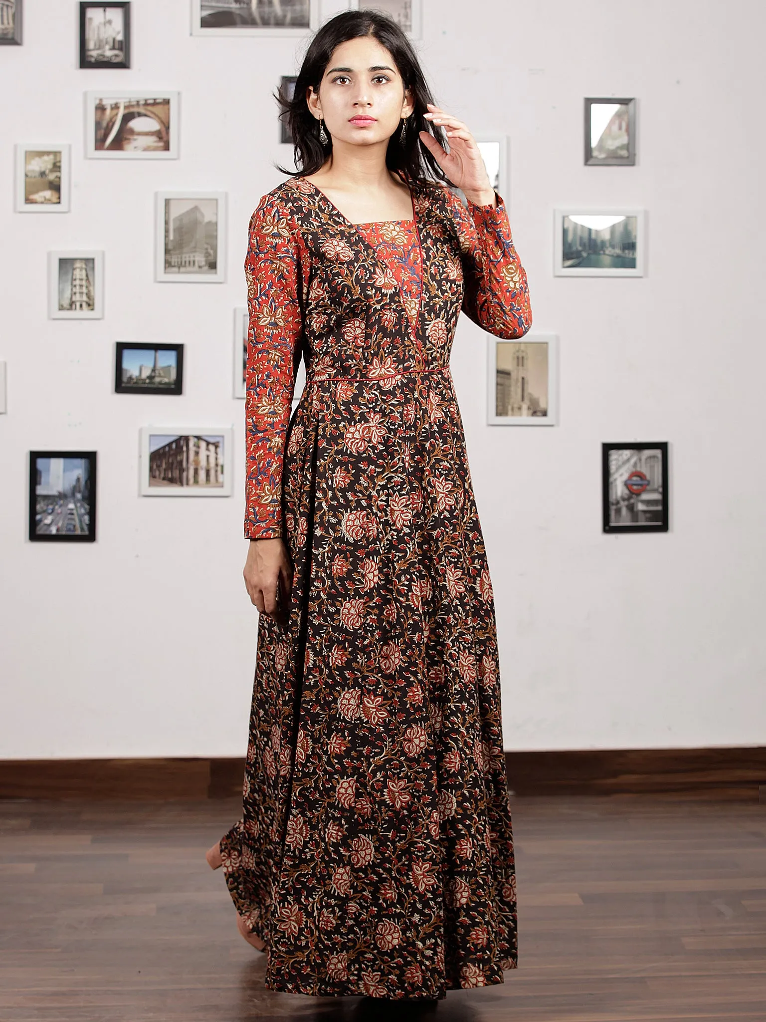 Black Maroon Brown Red Hand Block Printed Long Cotton Dress With Kali Style - D190F1223