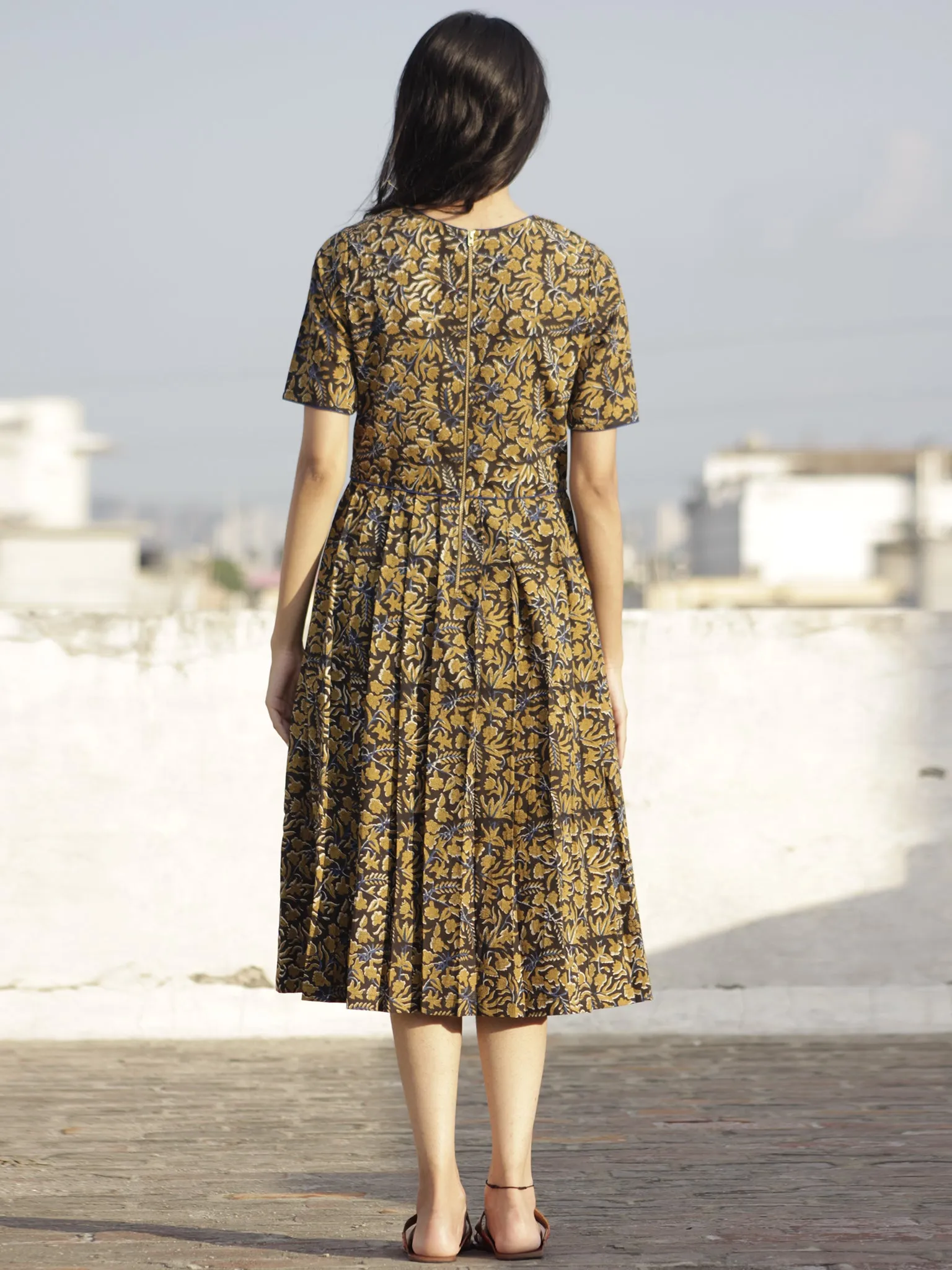 Black Mustard Indigo Ivory Hand Block Printed Cotton  Dress With Knife Pleats And Back Zip - D102F594