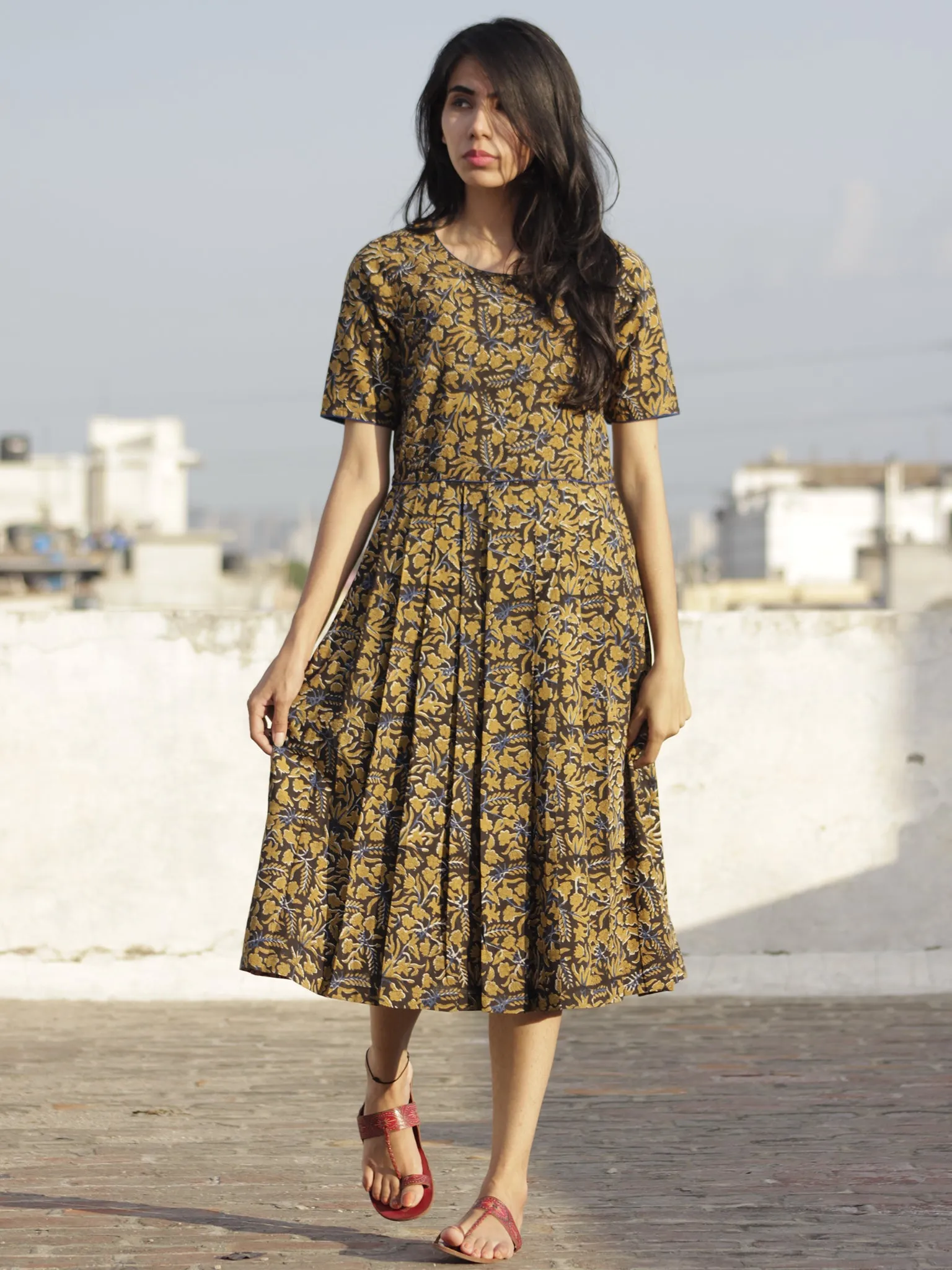 Black Mustard Indigo Ivory Hand Block Printed Cotton  Dress With Knife Pleats And Back Zip - D102F594