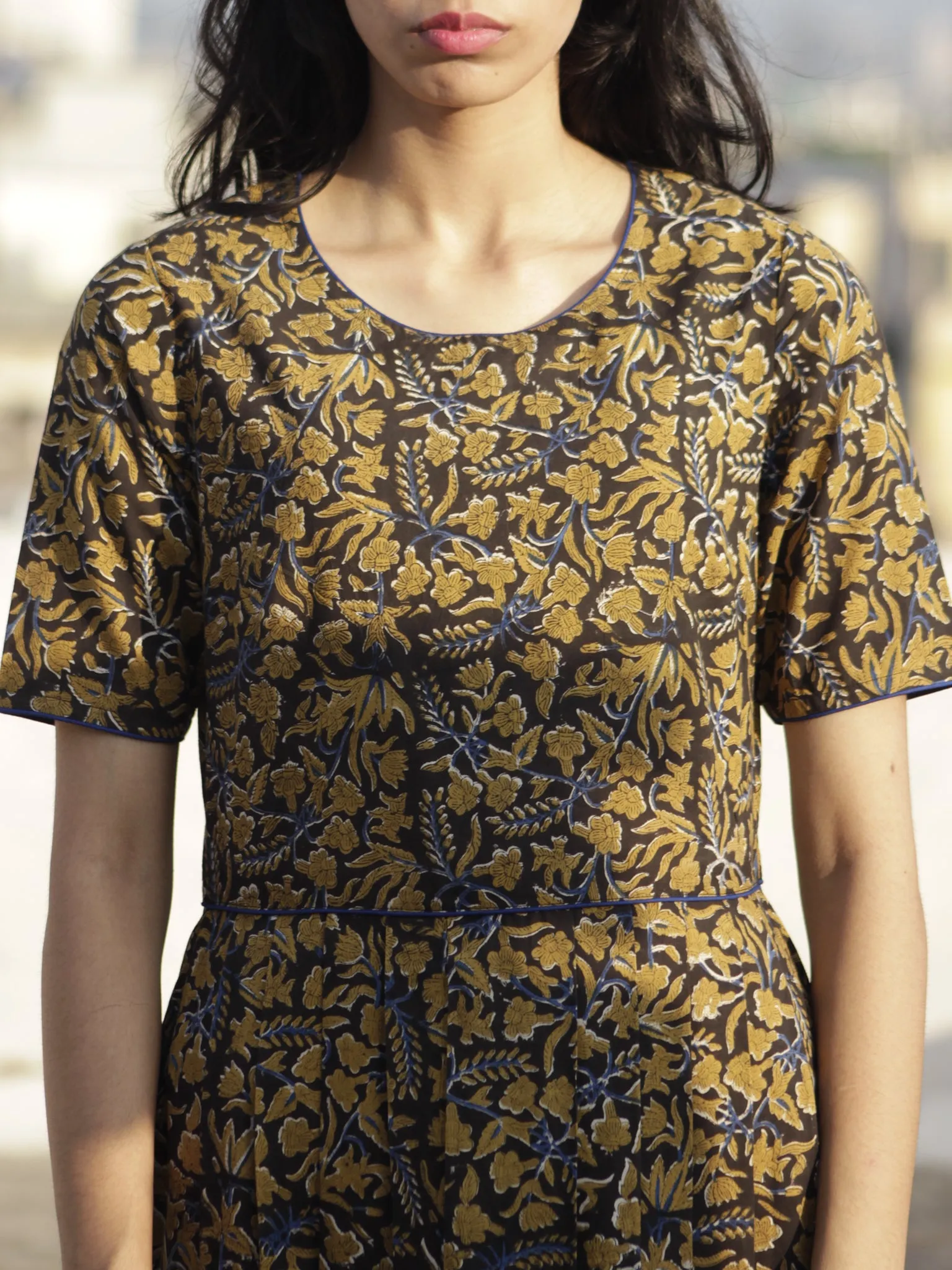 Black Mustard Indigo Ivory Hand Block Printed Cotton  Dress With Knife Pleats And Back Zip - D102F594