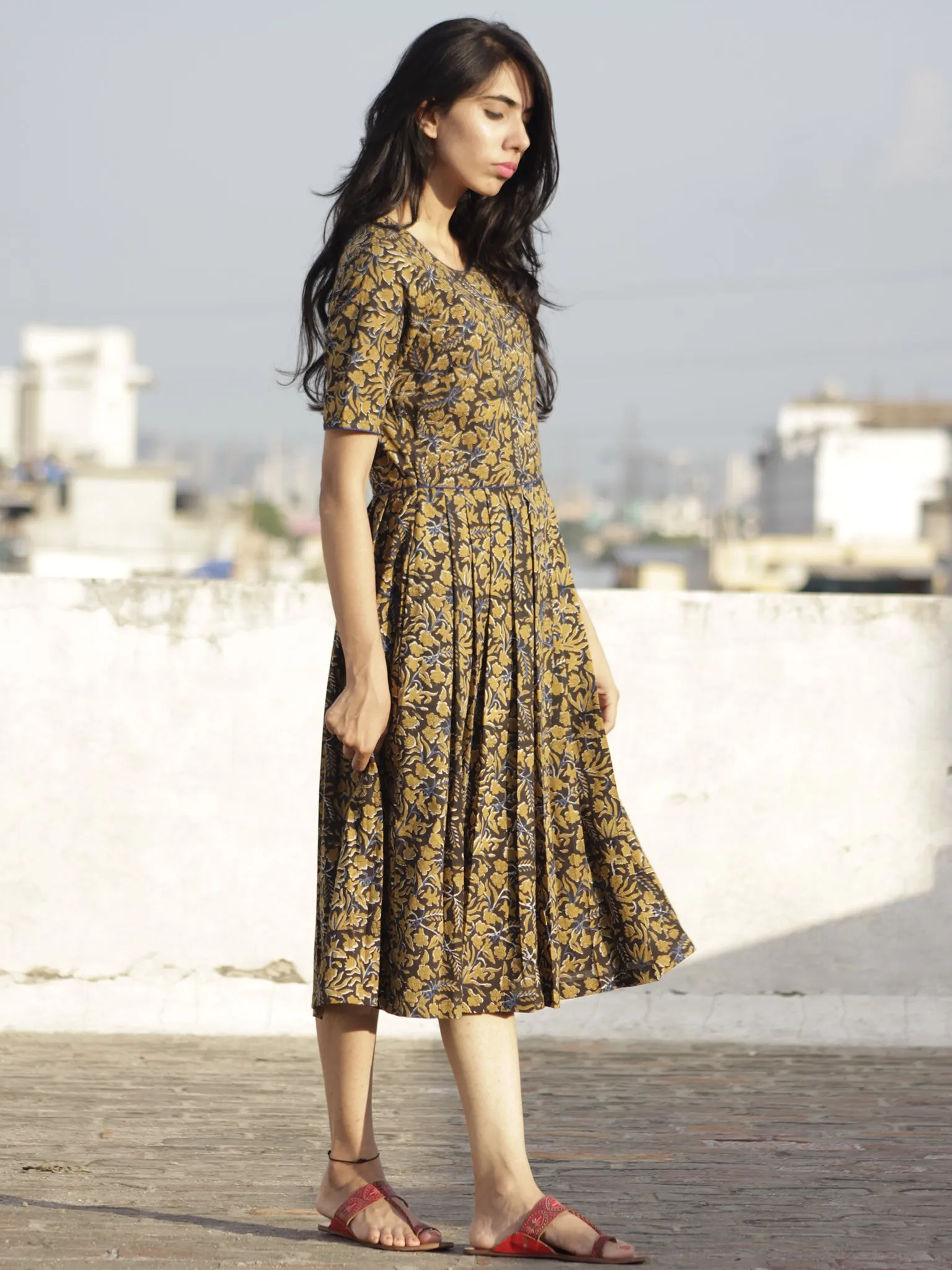 Black Mustard Indigo Ivory Hand Block Printed Cotton  Dress With Knife Pleats And Back Zip - D102F594