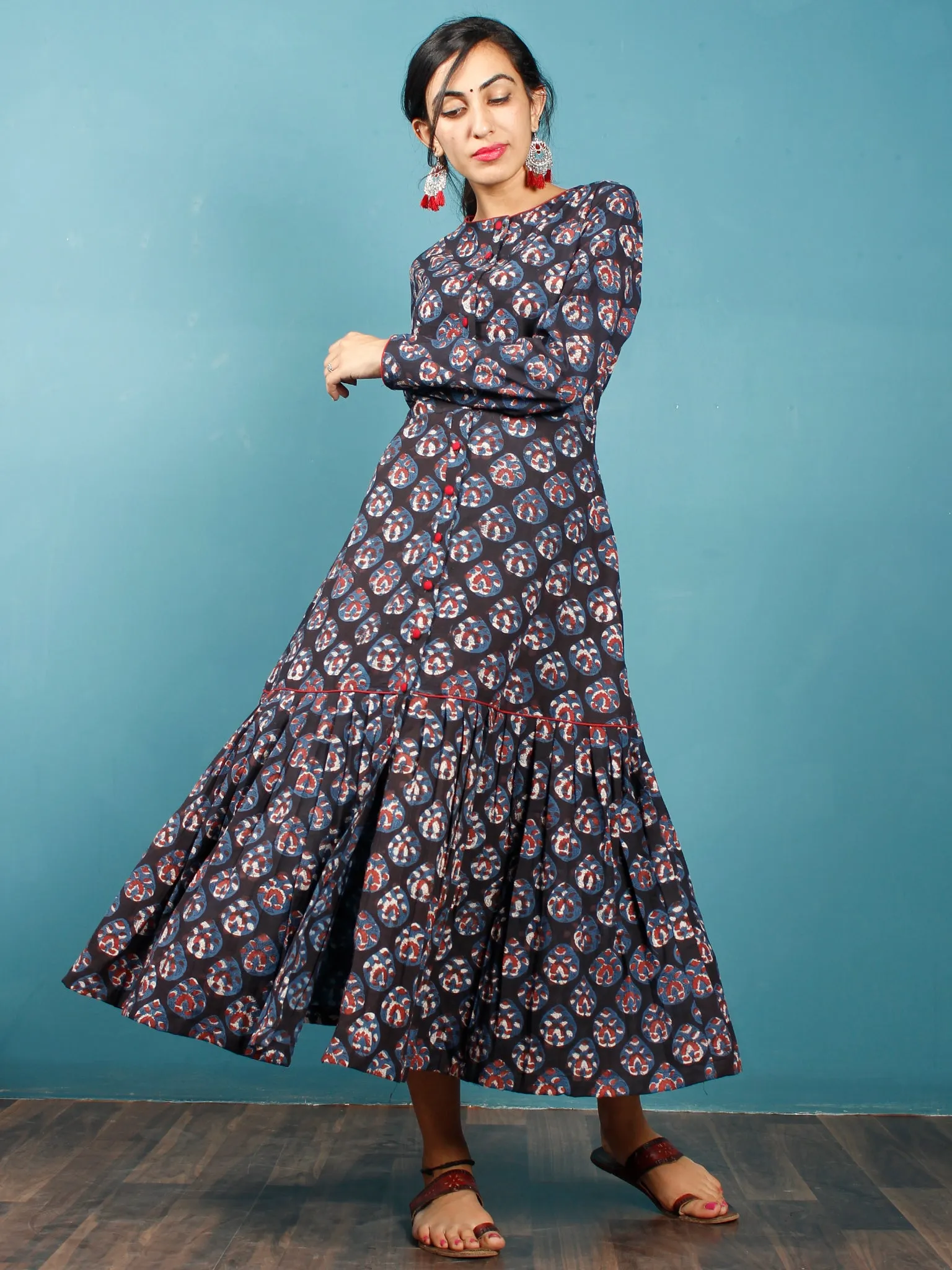 Black Rust Indigo Beige Hand Block Printed Cotton Dress With Front Open - D265F1222