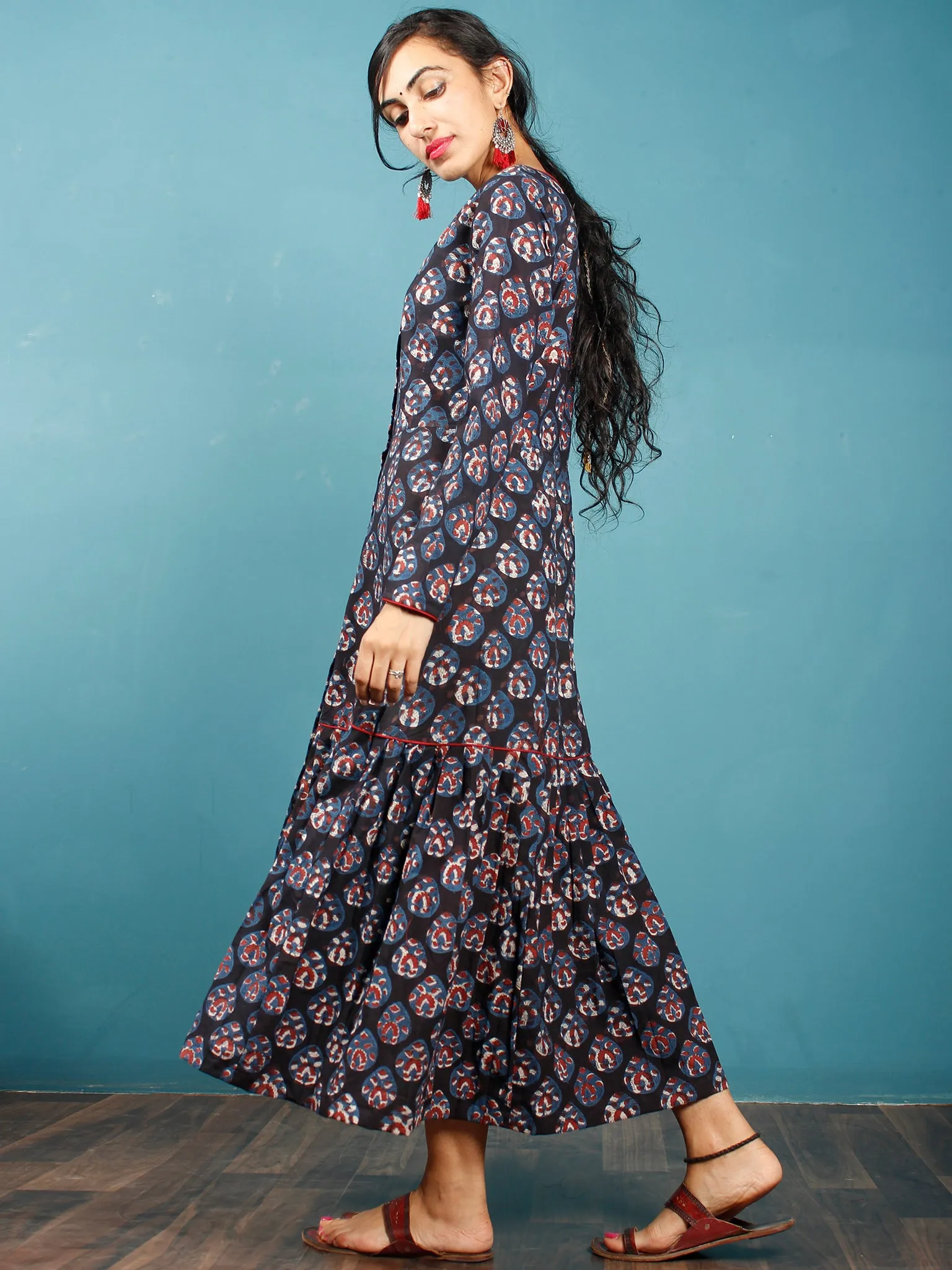 Black Rust Indigo Beige Hand Block Printed Cotton Dress With Front Open - D265F1222