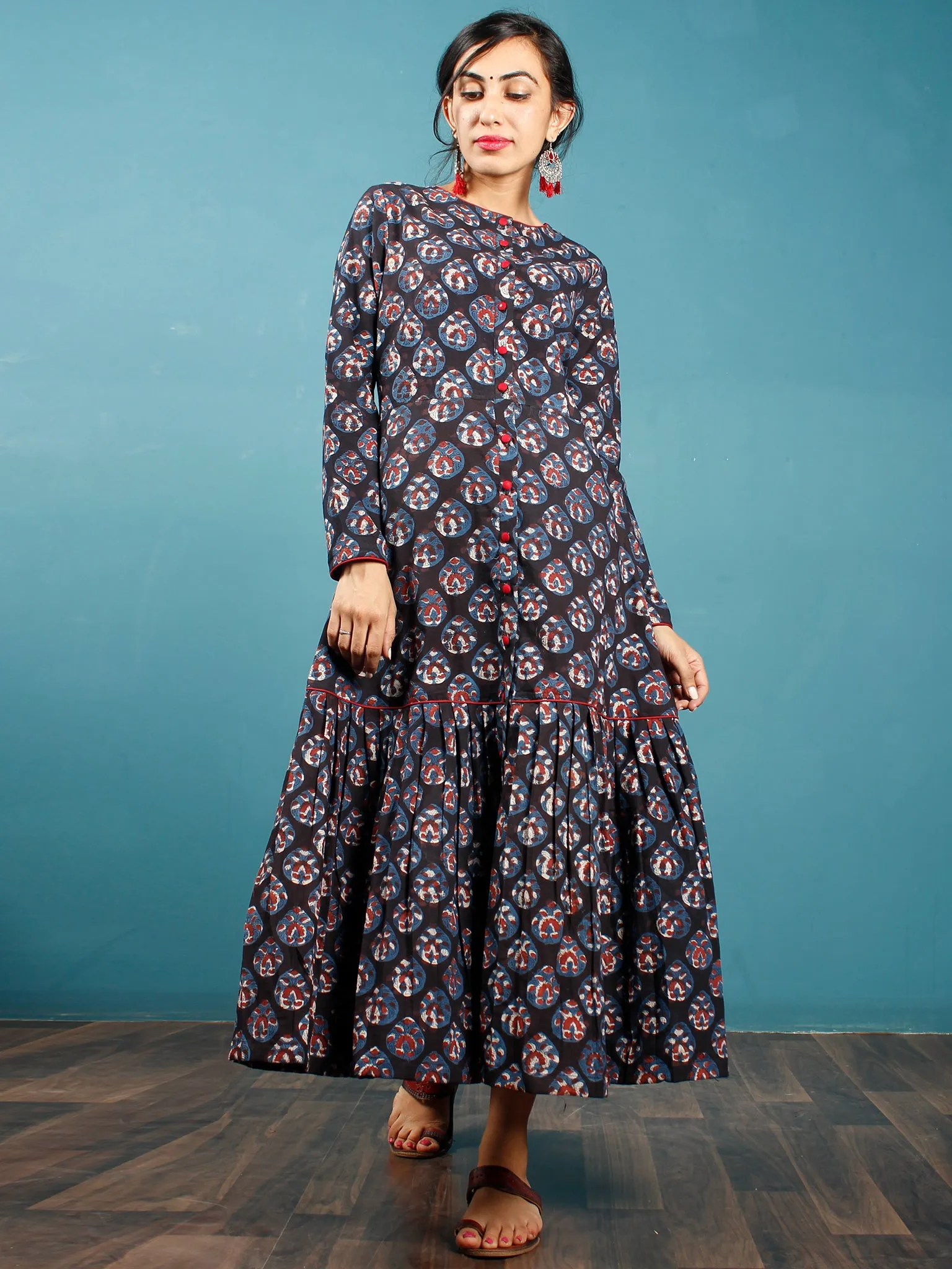 Black Rust Indigo Beige Hand Block Printed Cotton Dress With Front Open - D265F1222