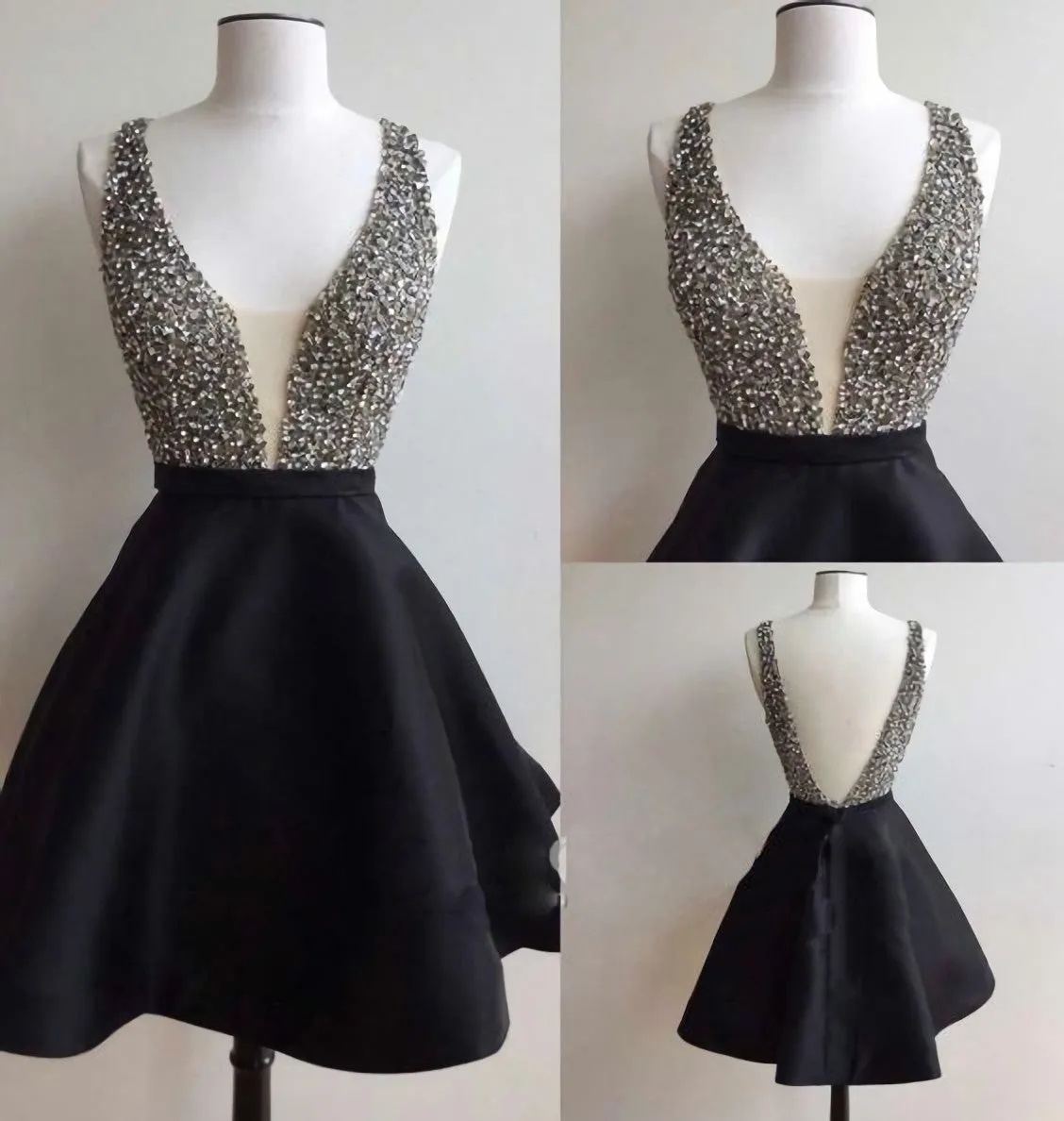 Black Satin V-back Rhinestone Little Black Juniors Homecoming Dresses