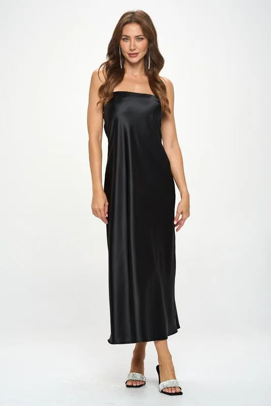 Black Strapless Satin Maxi Dress New Women's Fashion Made in USA Formal Silky Satin Tube Draped Dress.