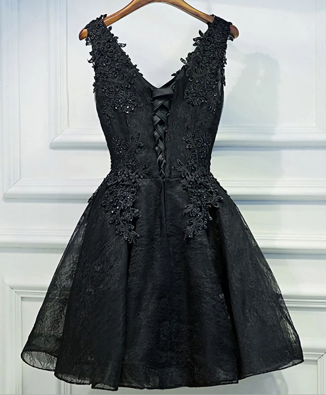 Black V Neck Lace Short Prom Dress, Homecoming Dresses, Homecoming Dresses