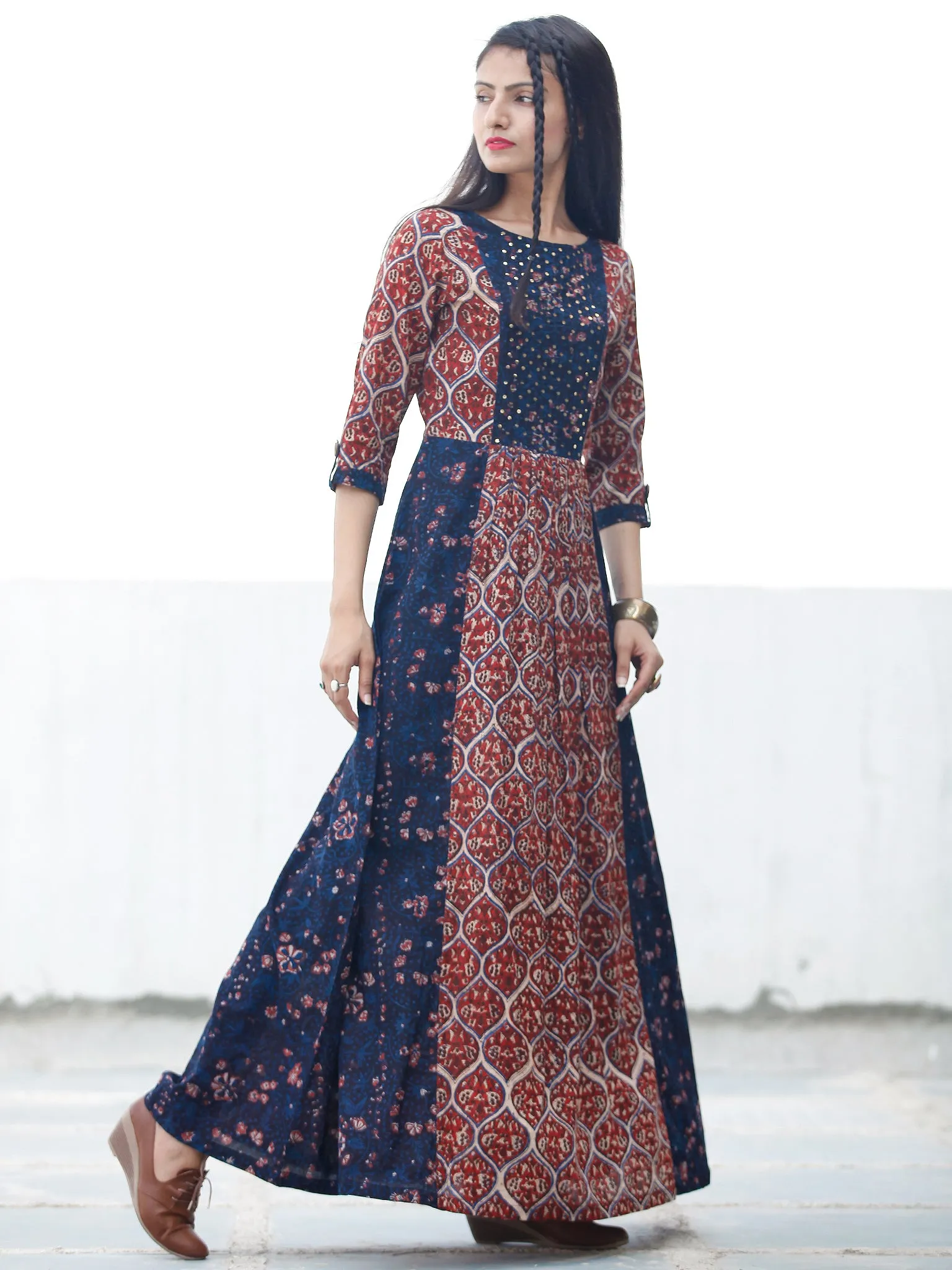 Block Sequence - Hand Block Printed Long Cotton Dress With Embroidery - D349F1807