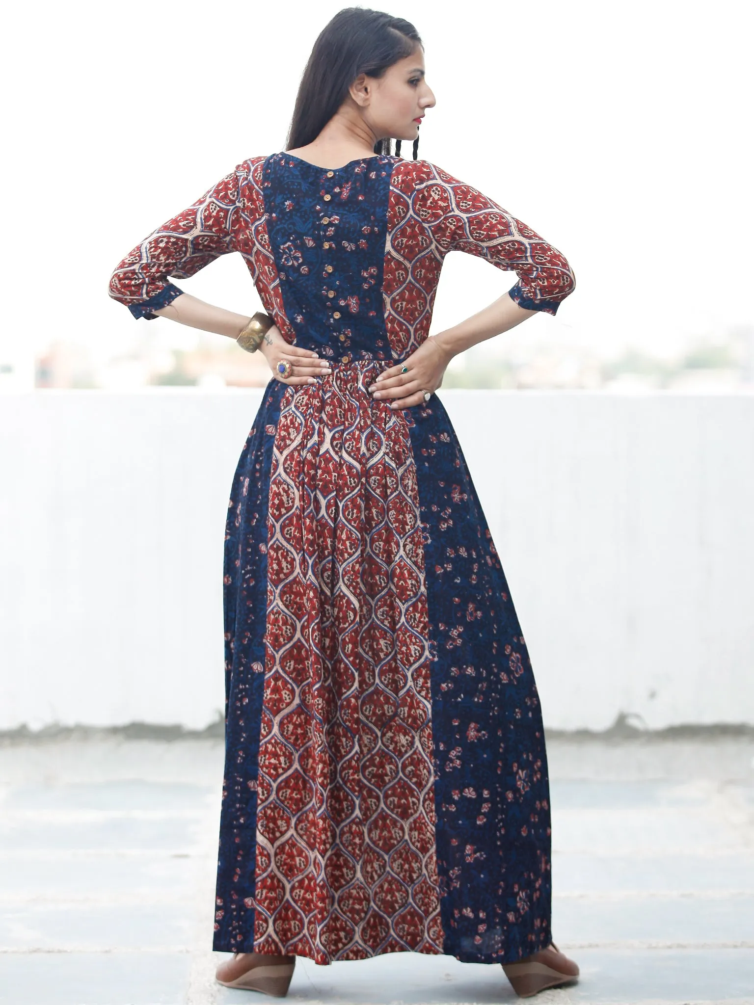 Block Sequence - Hand Block Printed Long Cotton Dress With Embroidery - D349F1807