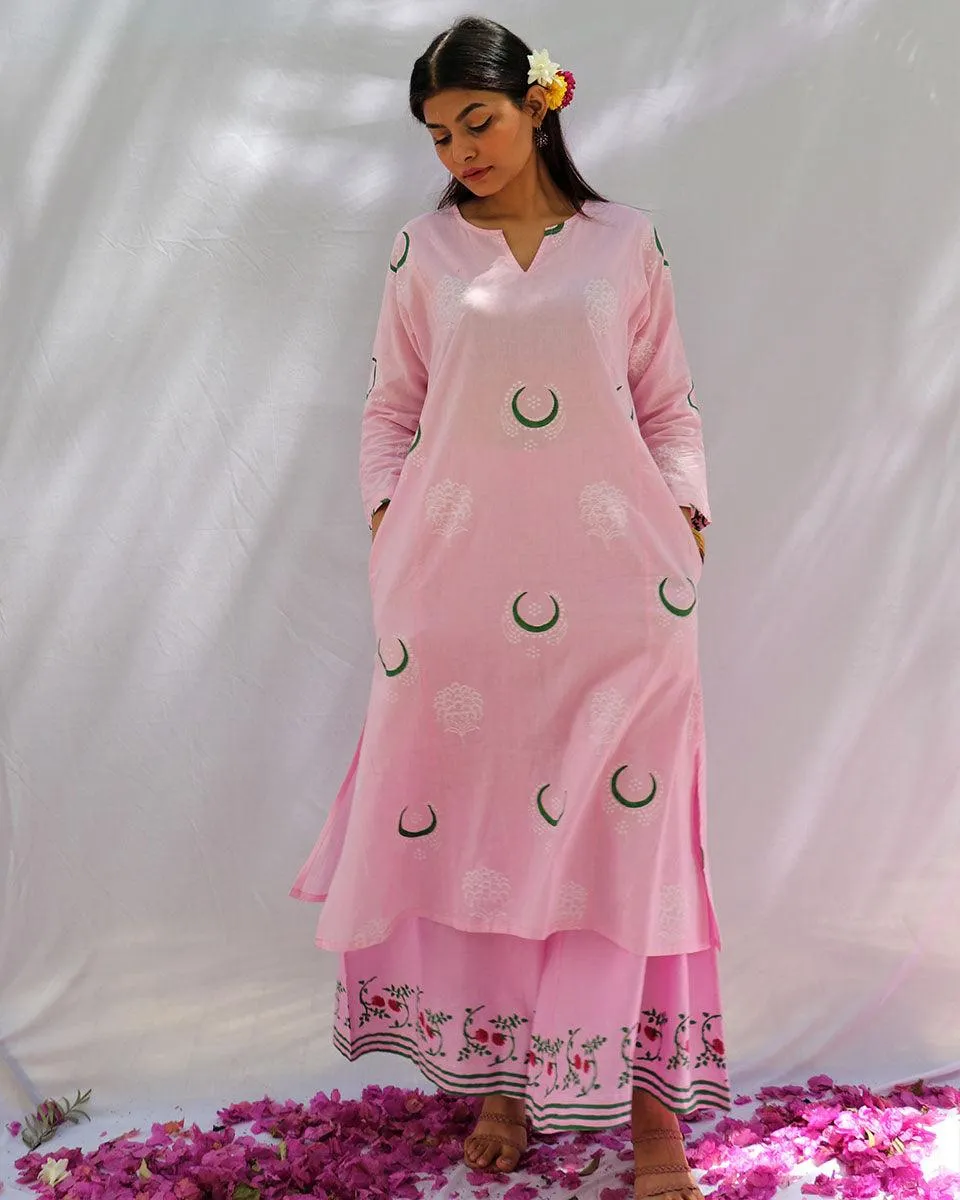 Bloom Pink Chand Block Printed Cotton Kurta Set - Fos