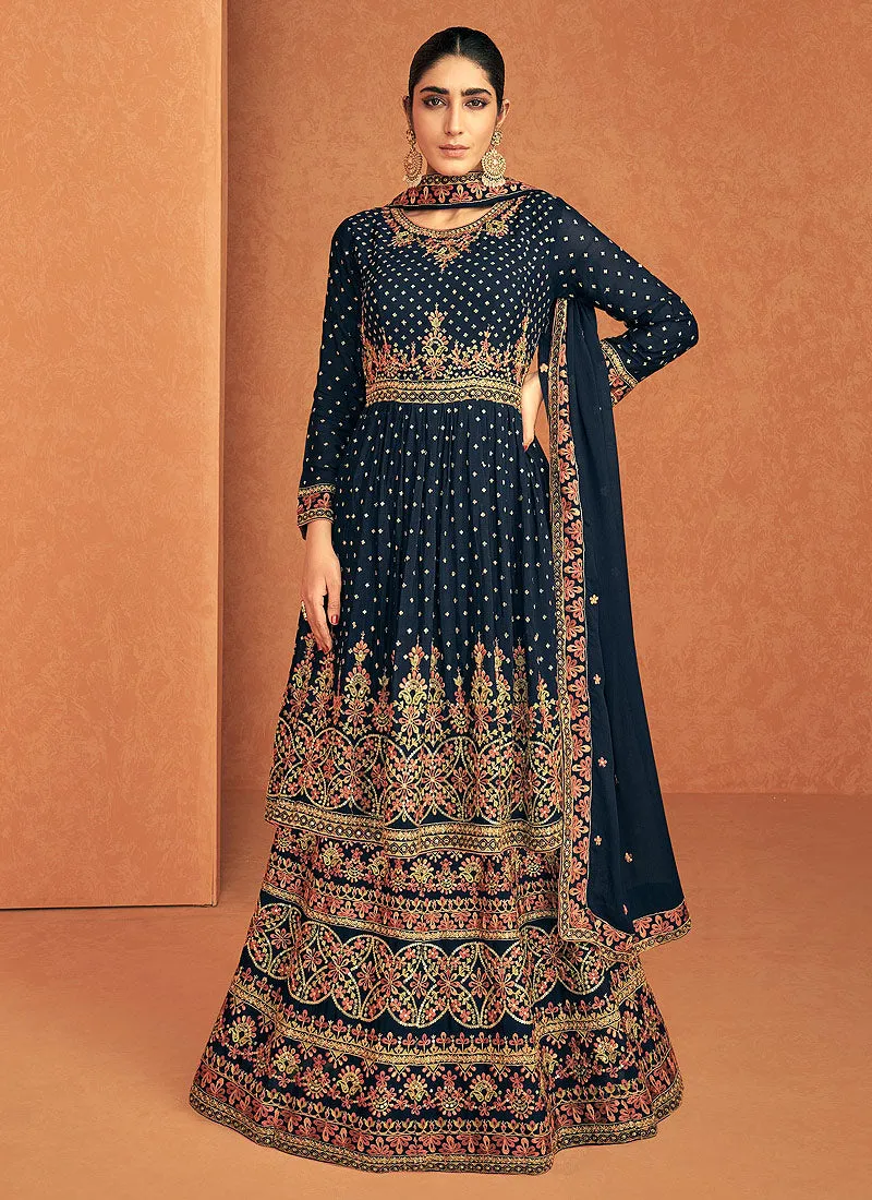 Blue Embroidered Peplum Kurti Lehenga