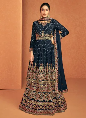 Blue Embroidered Peplum Kurti Lehenga