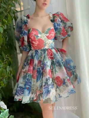 Blue Floral Homecoming Dress Puff Sleeve Short Prom Dress EWR411