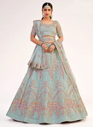 Blue Floral Sequence Embroidered Soft Net Wedding Lehenga Choli