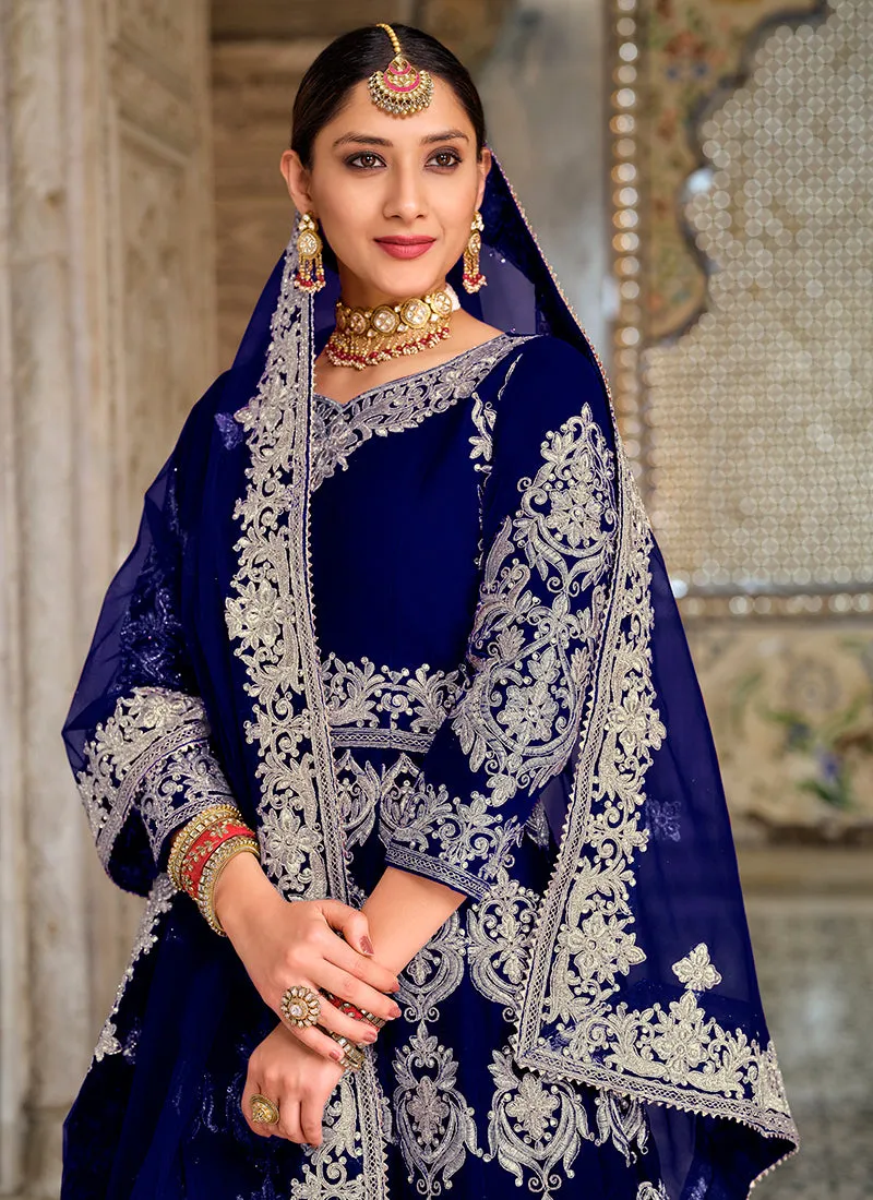 Blue Zari Embroidered Wedding Anarkali Lehenga